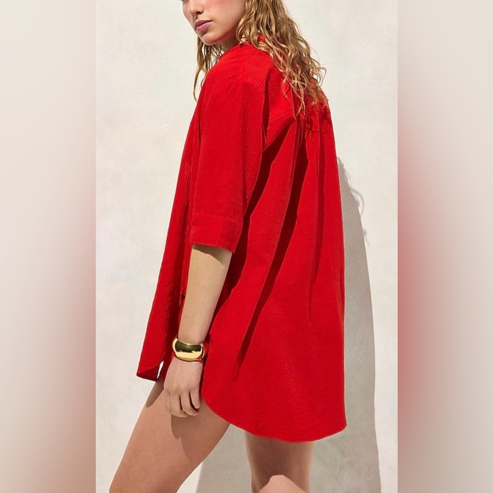 NWT J. Crew Airy Gauze Cotton Button Up Cover Up Tunic Shirt - Red - XL